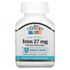 21st Century, високоефективне залізо, 27 мг, 110 таблеток, які легко ковтати