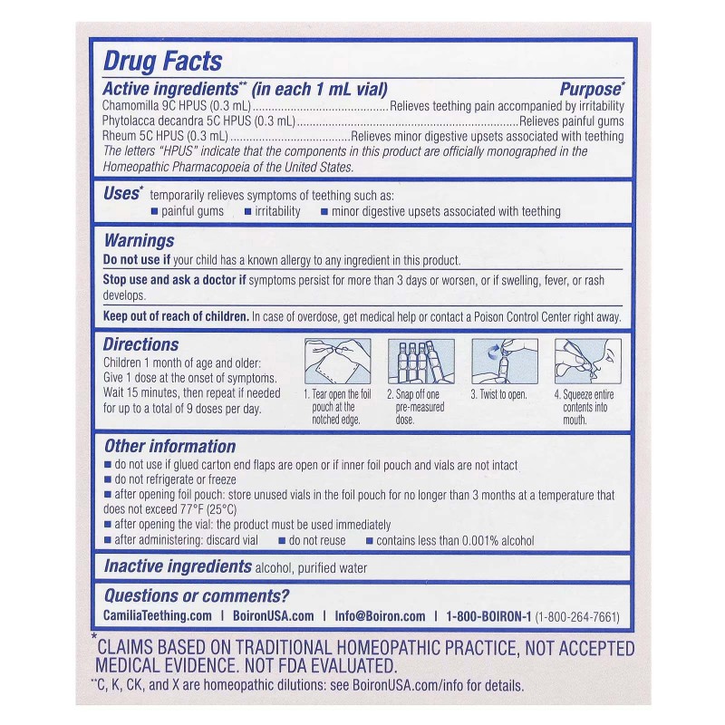 Boiron, Camilia, засіб для зняття болю під час прорізування зубів, для немовлят від 1 місяця та старше, 30 відміряних рідких доз, по 1 мл