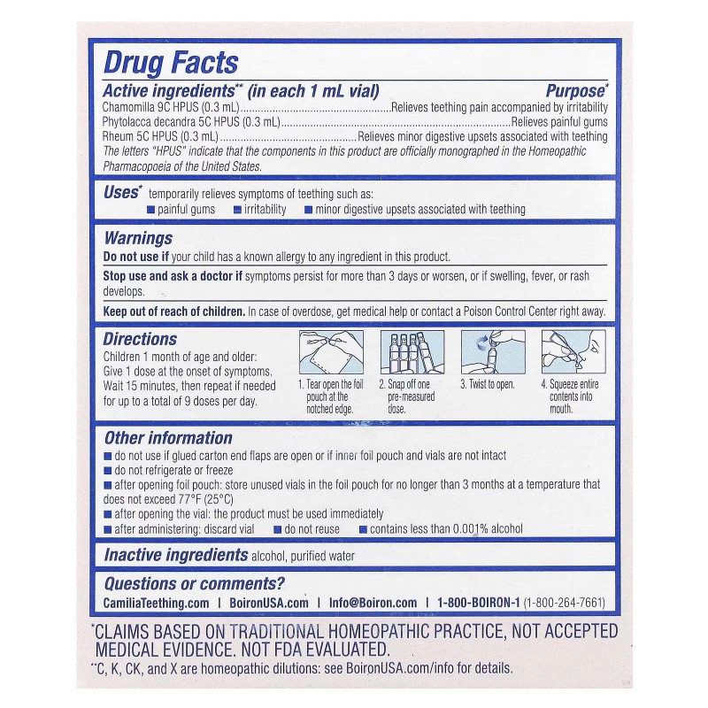 Boiron, Camilia, засіб для зняття болю при прорізуванні зубів, для немовлят від 1 місяця і старше, 15 відміряних рідких доз, 1 мл