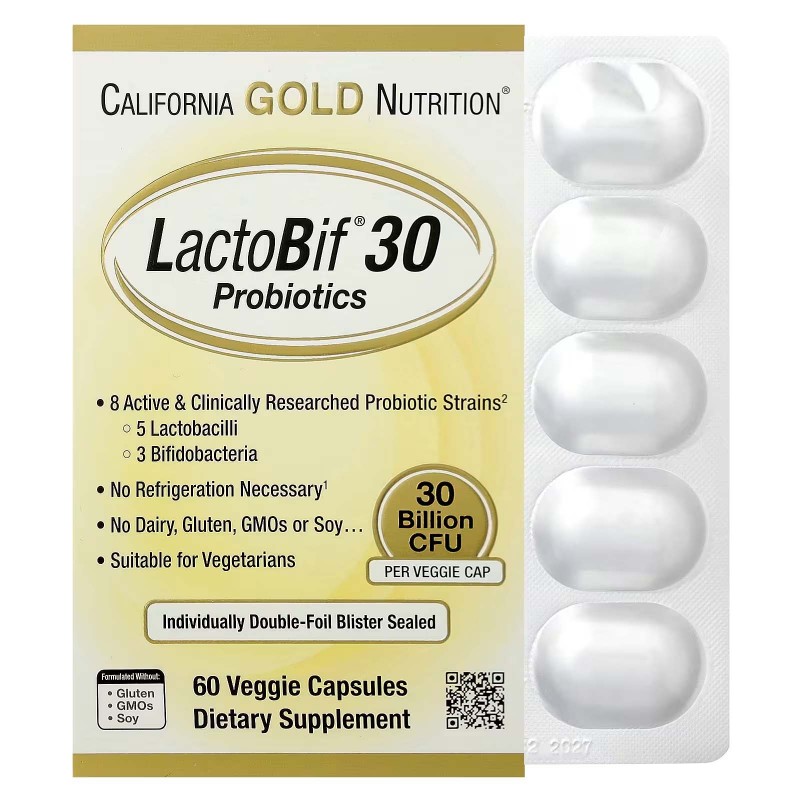 California Gold Nutrition, LactoBif, пробіотики, 30 млрд КУО, 60 рослинних капсул