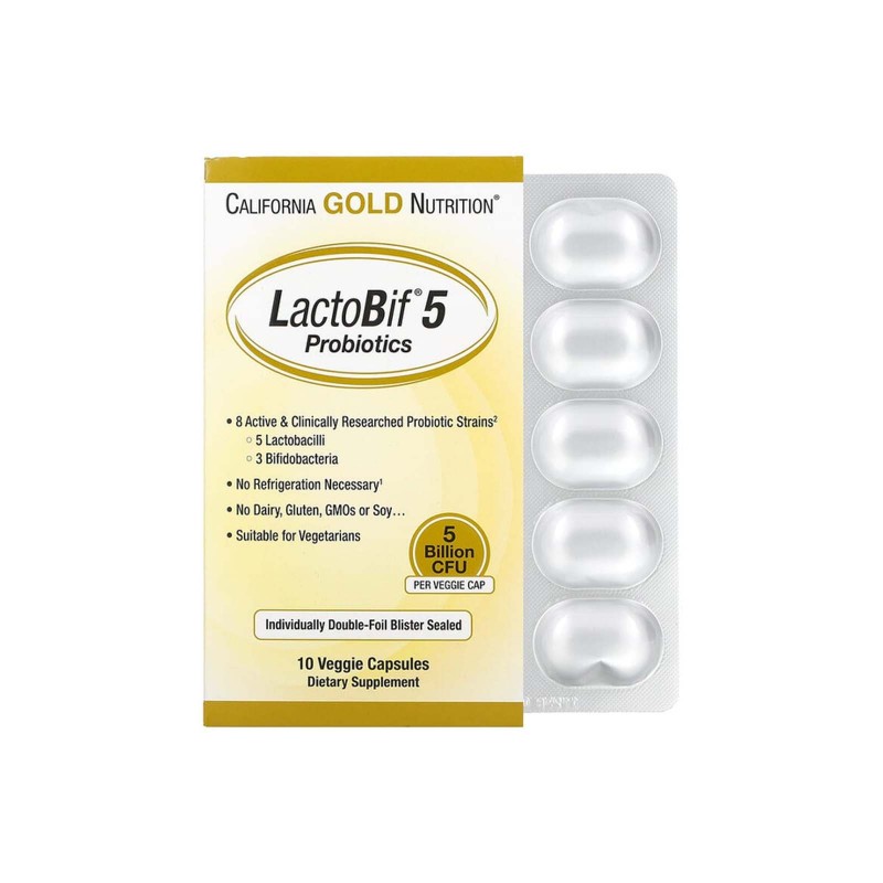 California Gold Nutrition, LactoBif, пробіотики, 5 млрд КУО, 10 рослинних капсул