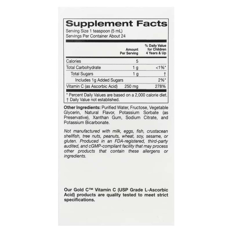 California Gold Nutrition, Liquid Gold, вітамін C у рідкій формі для дітей, клас USP, зі смаком терпкого апельсину, 118 мл