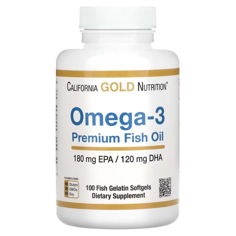 California Gold Nutrition, омега-3, рибячий жир преміальної якості, 180 мг ЕПК / 120 мг ДГК, 100 капсул із рибячого желатину