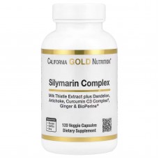 California Gold Nutrition, силімариновий комплекс для здоровя печінки з розторопшею, куркуміном, артишоком, кульбабою, імбирем і чорним перцем, 300 мг, 120 рослинних капсул
