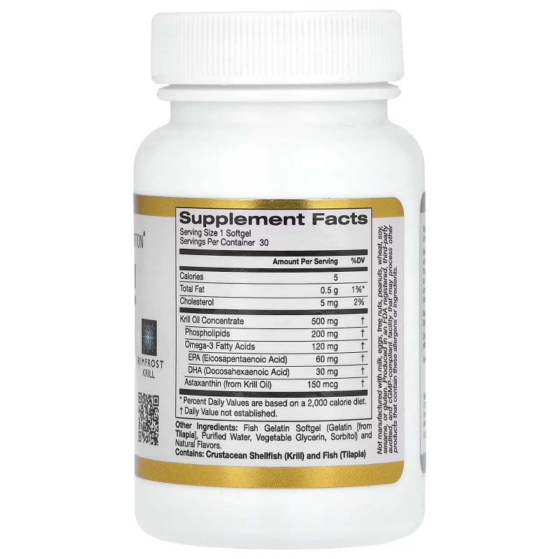 California Gold Nutrition, RIMFROST, жир антарктичного криля з астаксантином, з натуральним смаком полуниці та лимона, 500 мг, 30 капсул із рибячого желатину