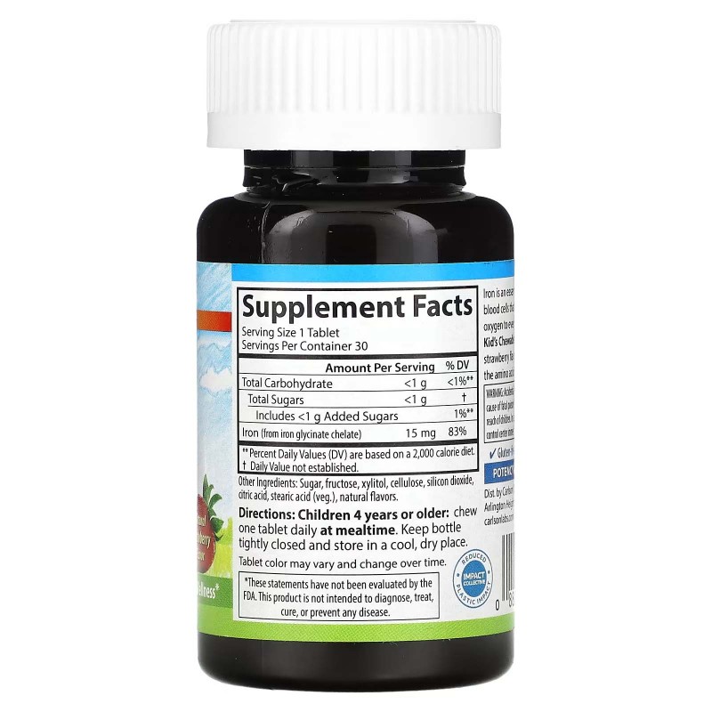 Carlson, жувальні таблетки із залізом для дітей, полуниця, 15 мг, 30 таблеток