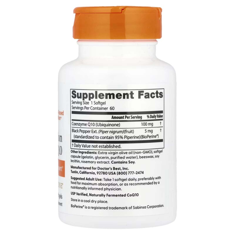 Doctor's Best, коензим Q10 з високим ступенем всмоктування з BioPerine, 100 мг, 60 капсул