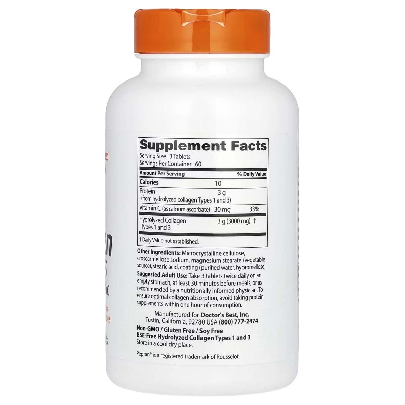 Doctor's Best, Колаген типів 1 та 3 з пептаном та вітаміном С, 1000 мг, 180 таблеток