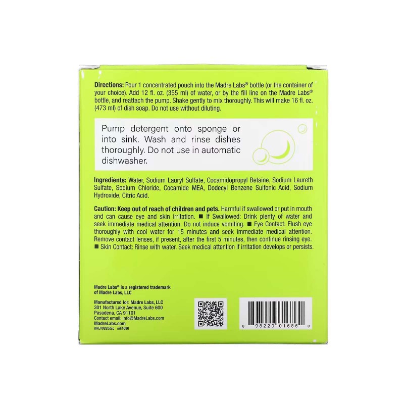 Madre Labs, засіб для миття посуду, потрійний концентрат, без запаху, 6 пакетиків, по 118 мл