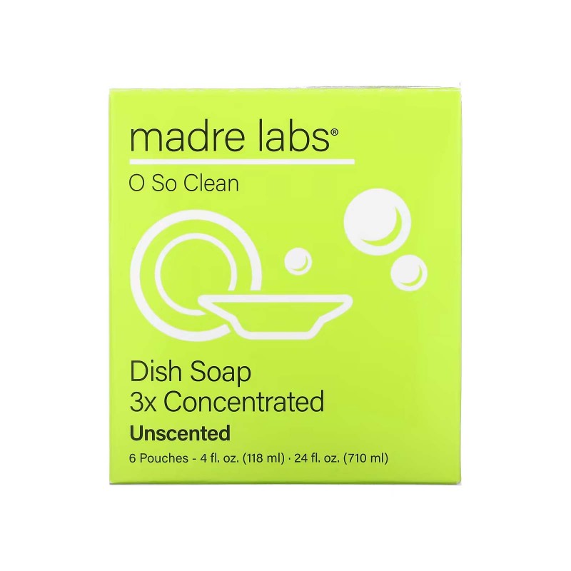 Madre Labs, засіб для миття посуду, потрійний концентрат, без запаху, 6 пакетиків, по 118 мл