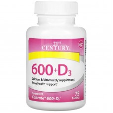 21st Century, 600+D3, добавка з кальцієм і вітаміном D3, 75 таблеток