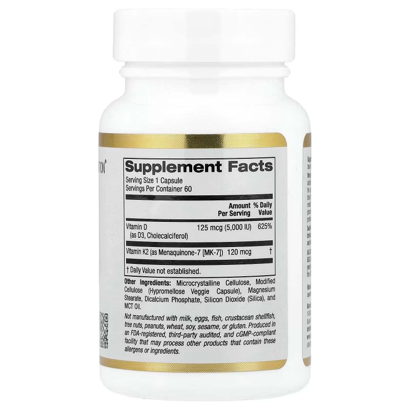California Gold Nutrition, витамины Д3 и К2, 60 растительных капсул